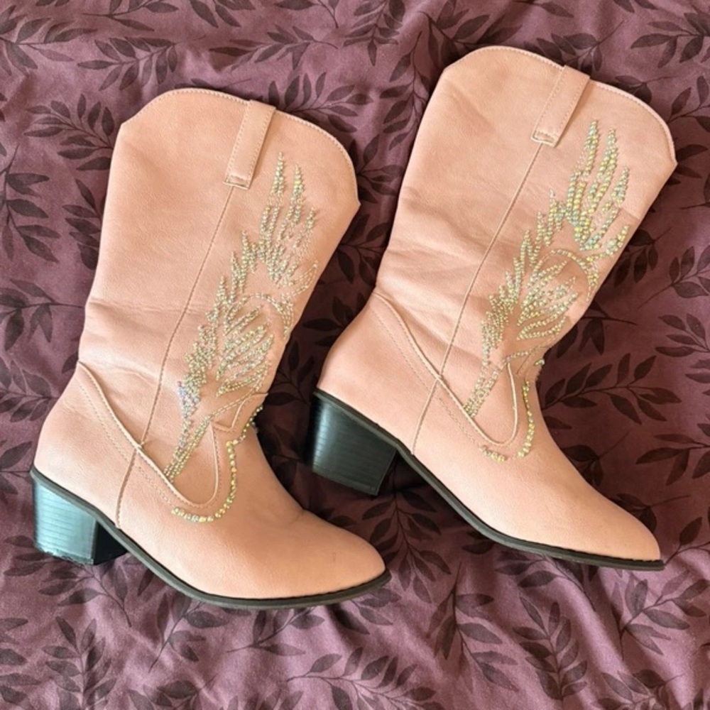SHEIN Blush Embroidered Heeled Boots